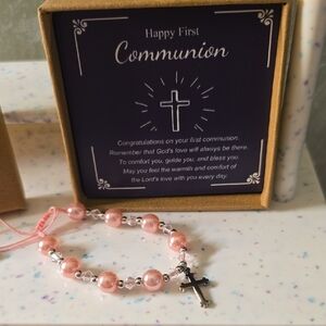 Pink Beaded Happy First Communion Bracelet with Cross Charm In  Gift Box New